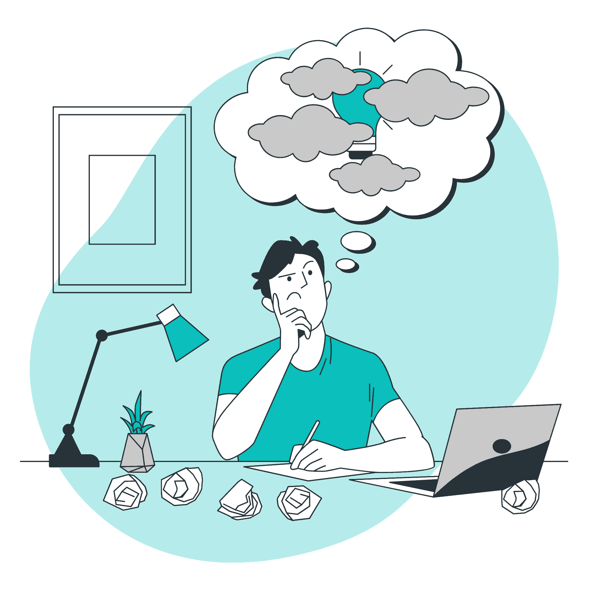 man at desk with laptop, lamp, and balled up paper, thought cloud shows a lightbulb covered in clouds. Idea illustrations by Storyset