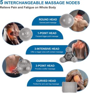 "5 interchangable massage nodes, relive pain and fatigue on whole body: round head, 1-point head, 3-intensive head, 30-point head, curved head" for back massager
