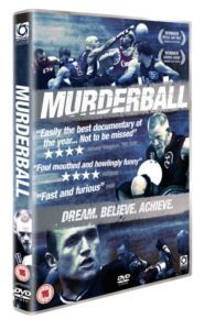 Promotional image of the DVD case for the film Murderball with the tagline "dream. believe. achieve."