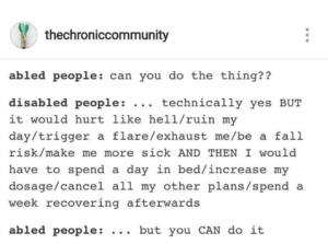 Screenshot of a social media post: thechroniccommunity says "abled people: can you do the thing?? disabled people: ... technically yes BUT it would hurt like hell/ruin my day/trigger a flare/exhaust me/be a fall risk/make me more sick AND THEN I would have to spend a day in bed/increase my dosage/cancel all my other plans/spend a week recovering afterwards abled people: ... but you CAN do it ..."