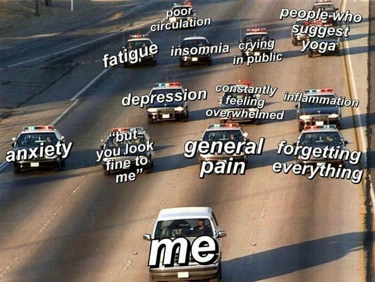 Meme with one cop car labeled "me" and many others, reading "general pain, forget everything, but you look fine to me, depression, fatigue, insomnia, crying in public, people who suggest yoga," and other health and medical issues common to people with chronic pain