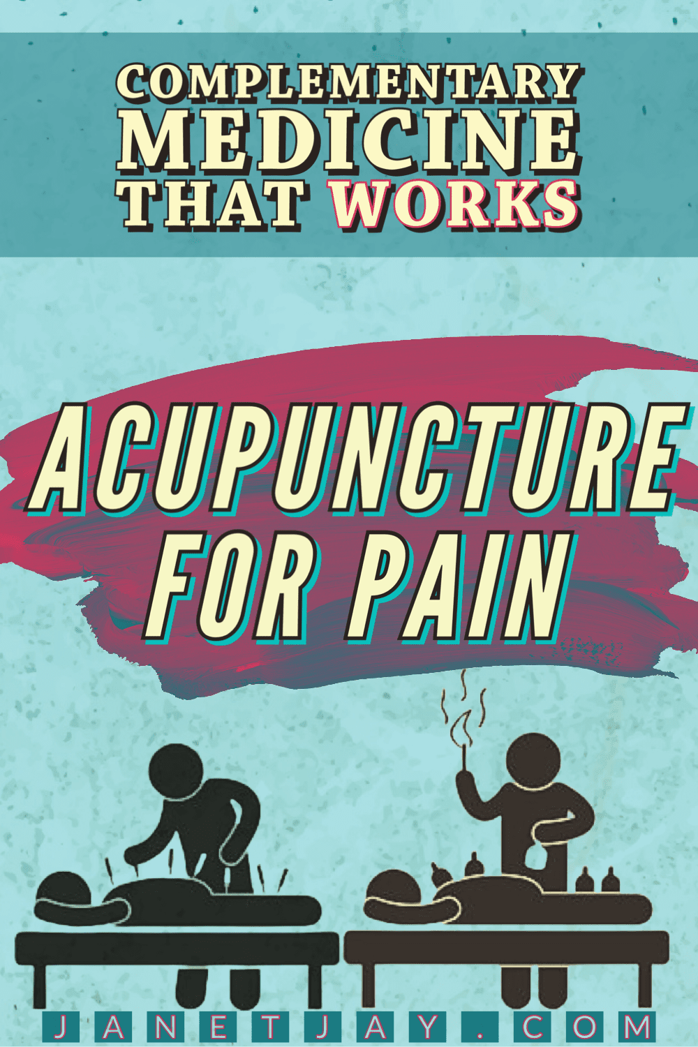 two stick figures are demonstrating acupuncture and cupping, text reads "complementary medicine that works: acupuncture for pain,  janetjay.com"