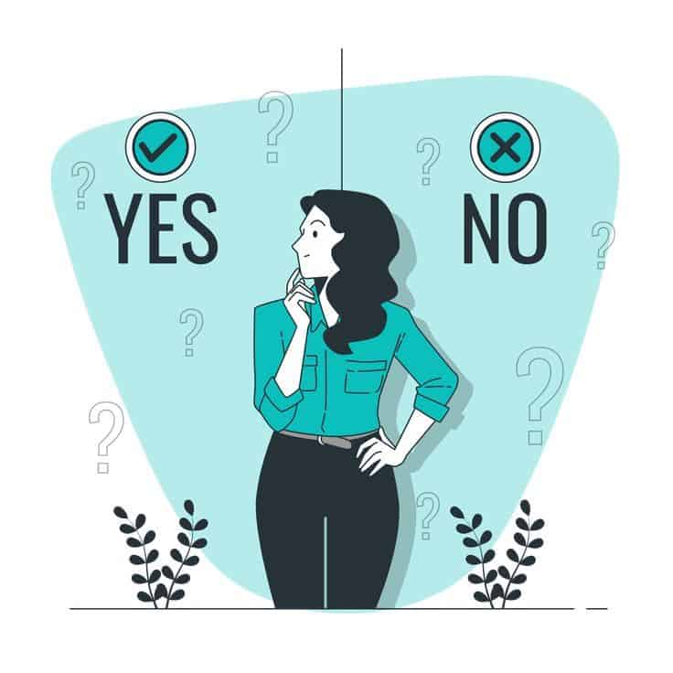 A woman in a long sleeve shirt with rolled cuffs and dark pants has "yes" on one side of her and "no" on the other, and is looking at the yes with a puzzled face and surrounded by question marks representing decision fatigue for people with adhd, art by storyset