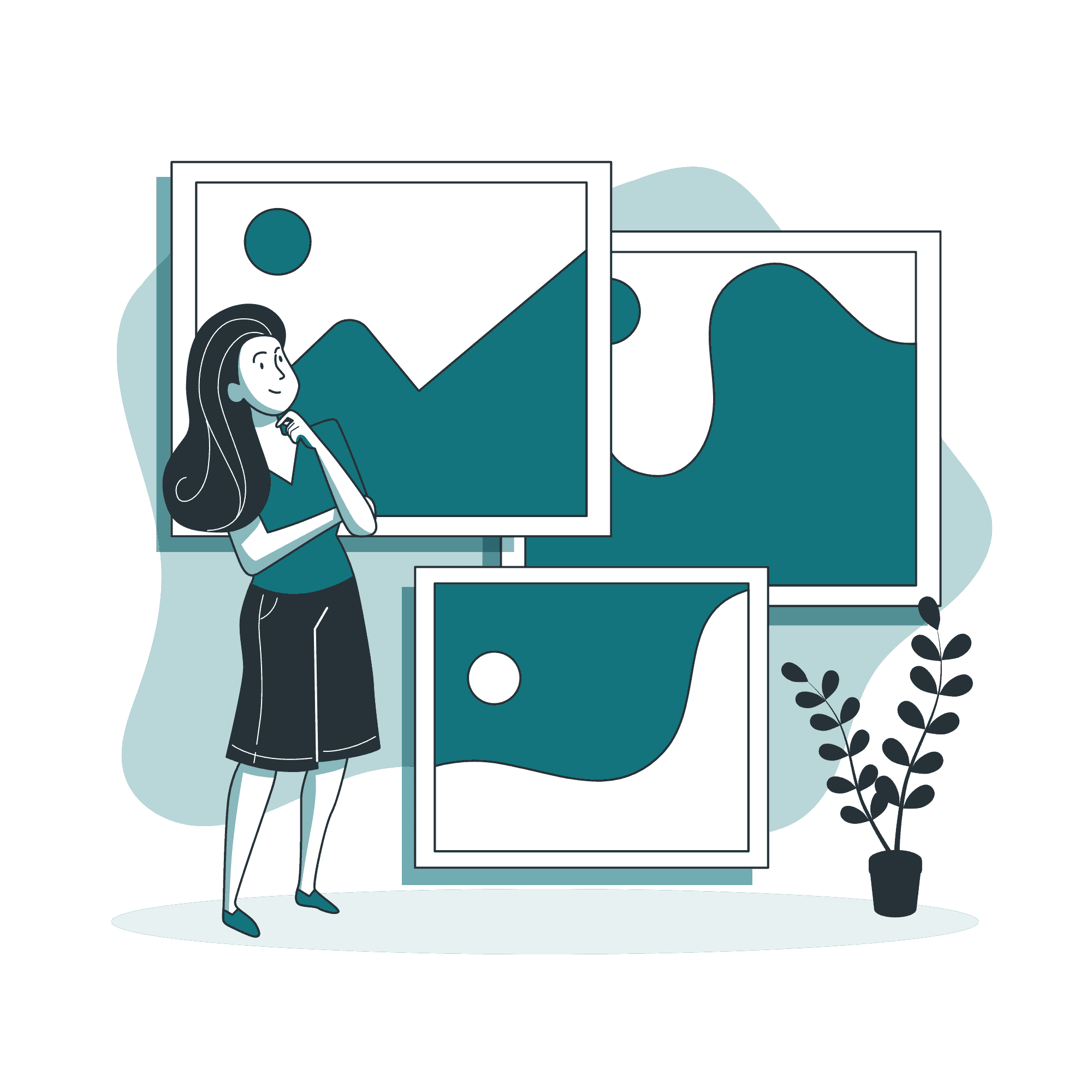 Illustration of a woman with long dark hair pondering three different image windows 