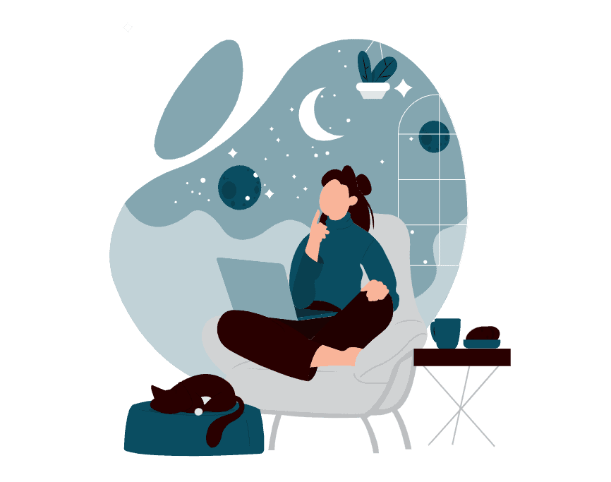 a woman sits with legs crossed and finger to her lips, behind a cat, beside a table, with a horizon and moon behind her through the window, art via undraw