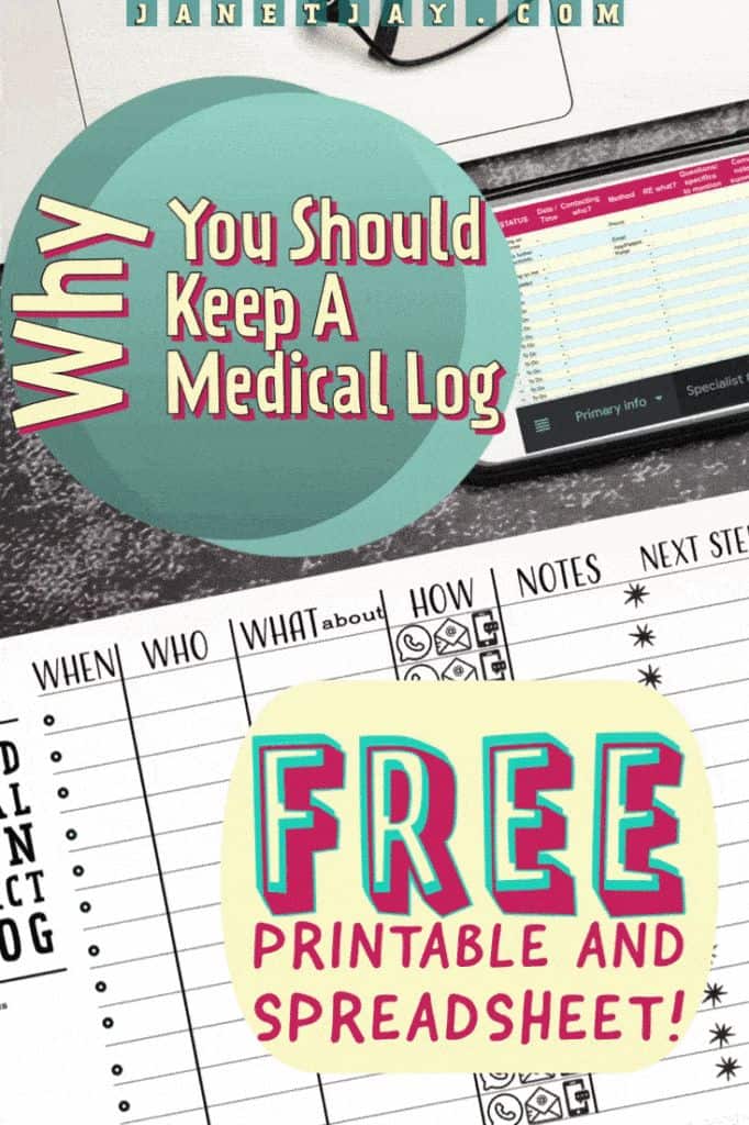 On a background of a sheet of paper with a medical log next to a smartphone displaying a spreadsheet, below a laptop keyboard, text reads "why you should keep a medical log: free printable and spreadsheet, janetjay.com" 
