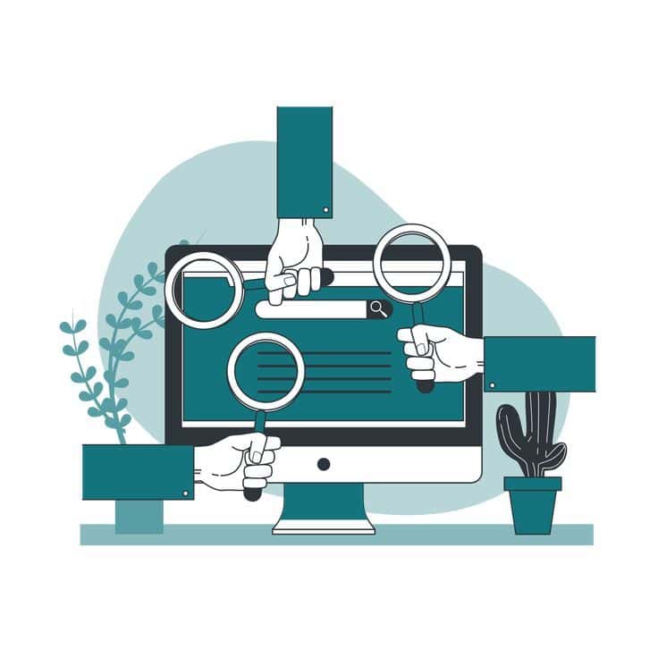 teal and black drawing of a computer monitor with three hands holding three magnifying glasses in front of it, plants on either side, art by storyset