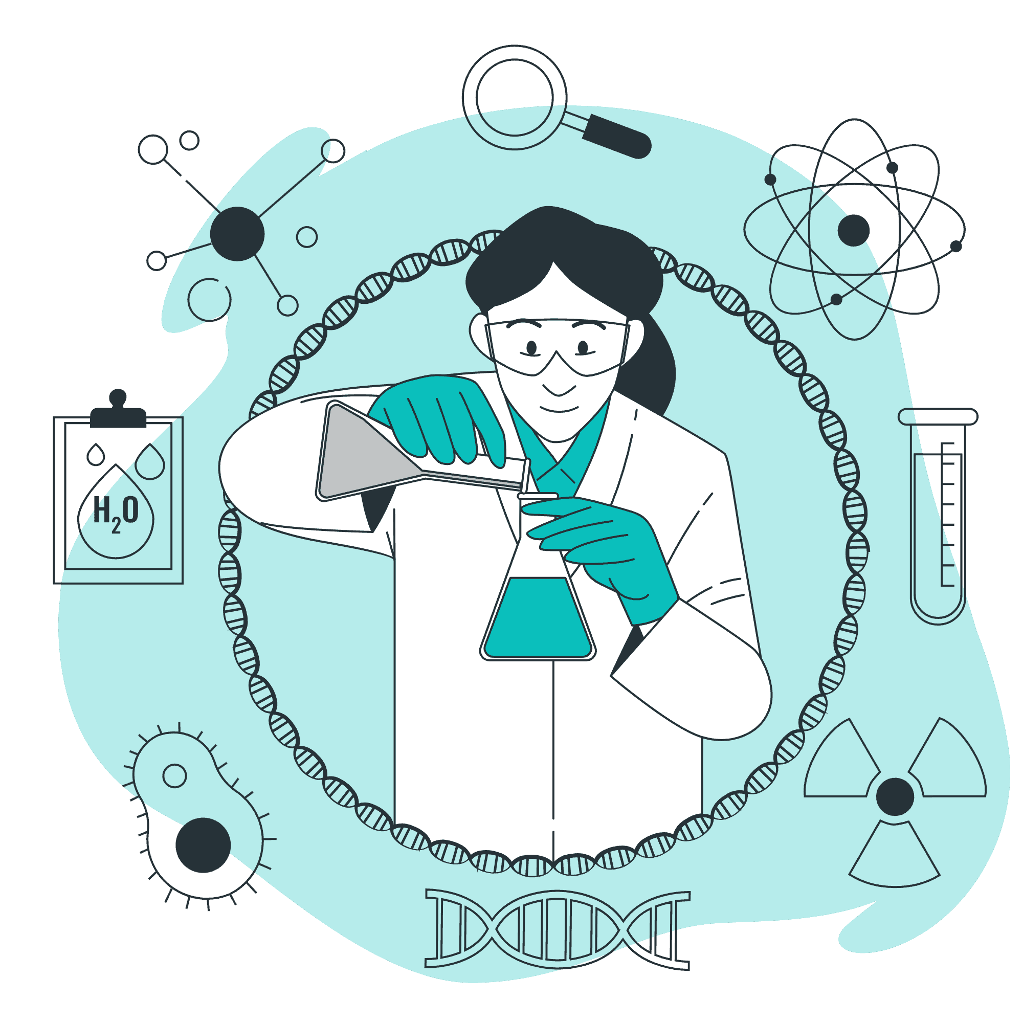 woman in lap coat pours liquid from beaker to beaker, surrounded by symbols representing types of science. Image via storyset. 